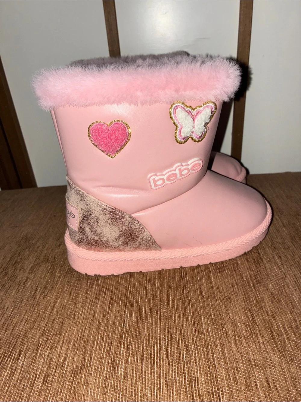 bebe Pink Faux-Fur Trim Butterfly Boots